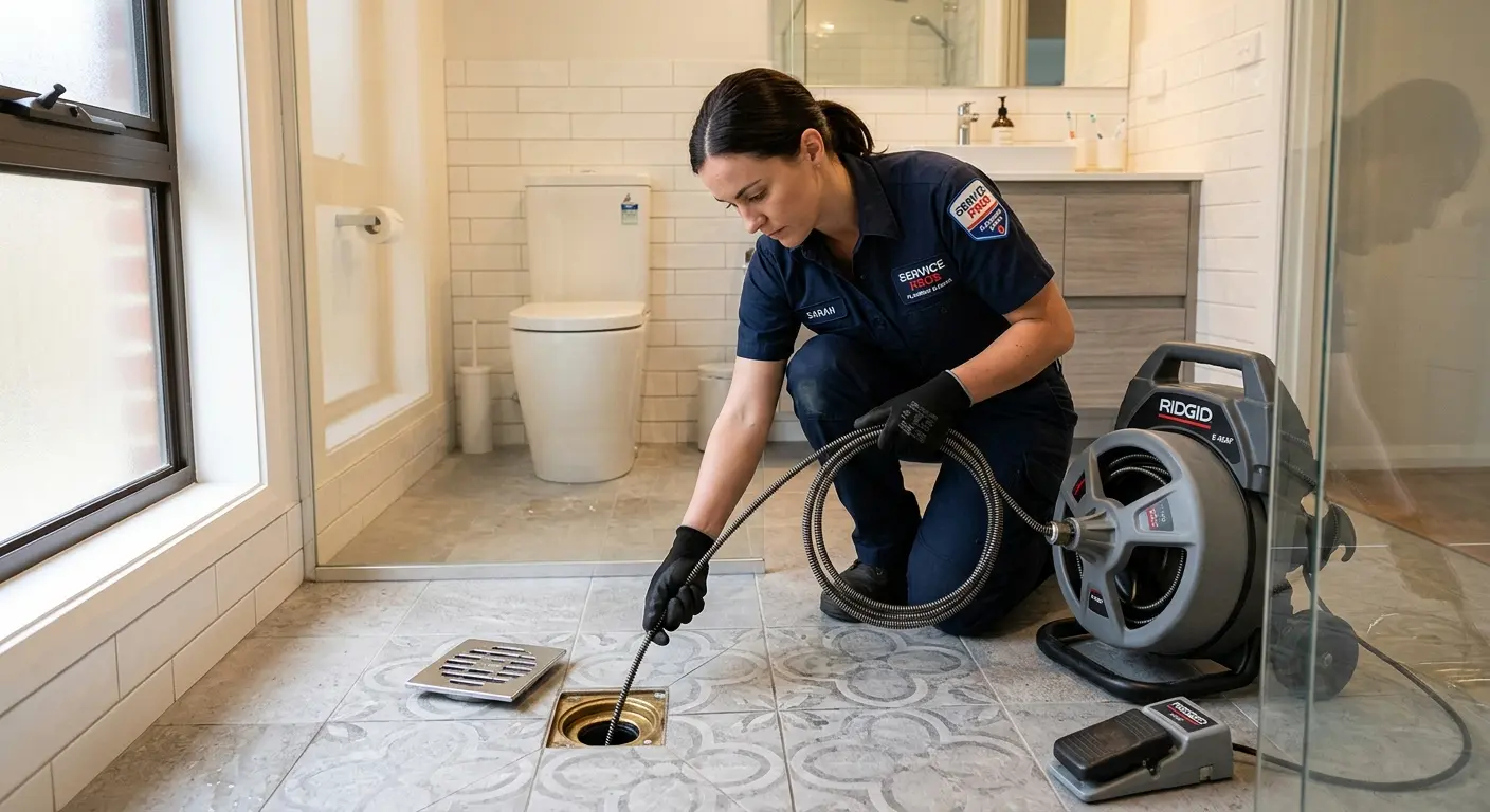 Technician clearing a bathroom floor drain for Hydro Jetting in Mount Carmel